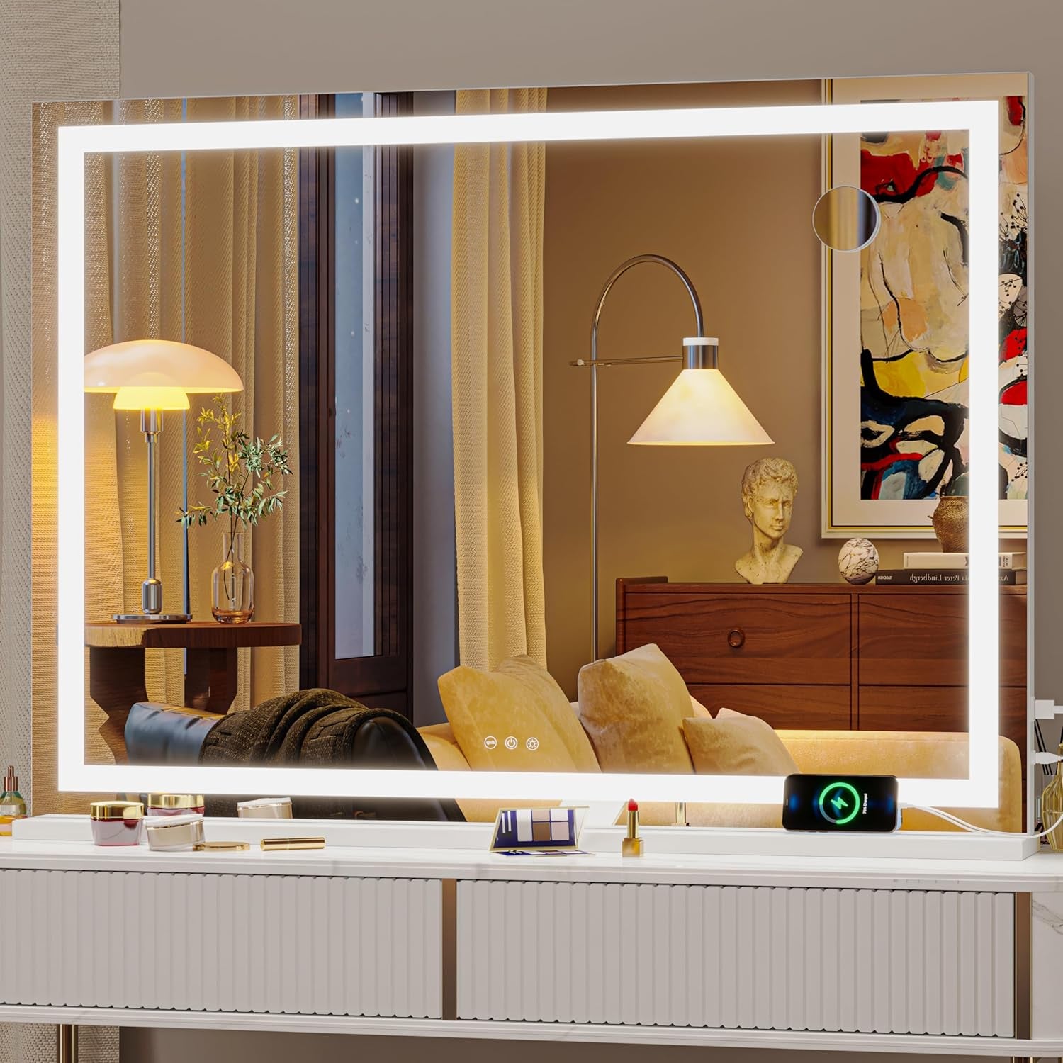 Vanity Mirror with Lights, 42" X 30" LED Makeup Mirror, Lighted Makeup Mirror with Dimmable 3 Modes, Touch Screen Control Vanity Mirror Square White
