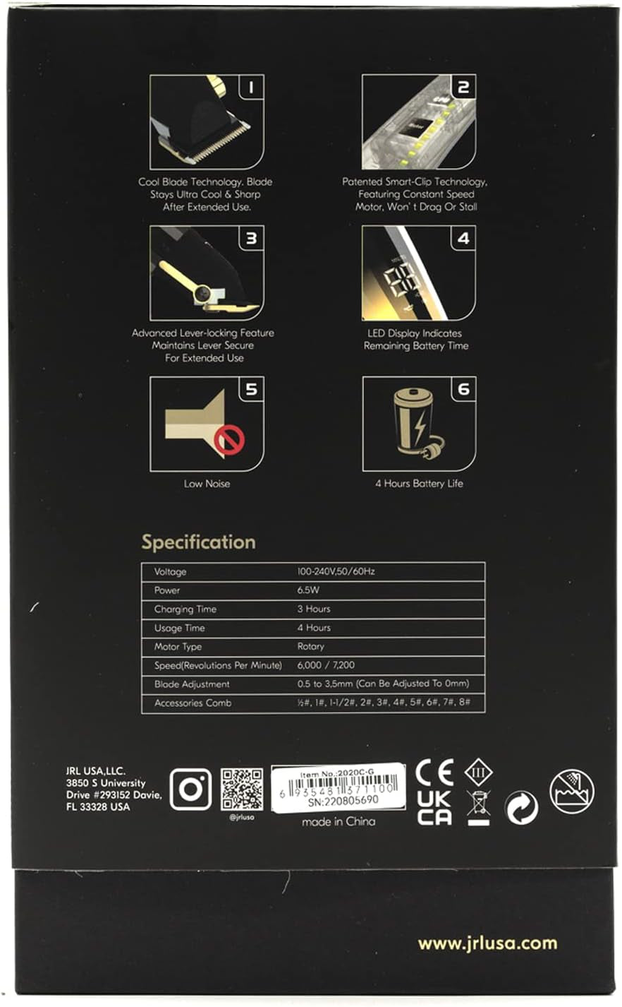JRL Fresh Fade 2020C-G Clipper - Professional Hair Clippers W/Cool Blade Technology for Men'S Grooming - Rechargeable Clippers W/Lcd Display and Corrosion Proof (Gold)