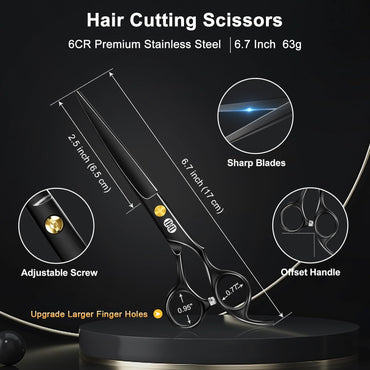 Hair Cutting Scissors Shears Kit, Professional Barber Haircut Scissors Set (6.7 Inch Hair Beard Hairdressing Trimming Haircutting Thinning Shears) for Men Women Hairdresser Home Salon (Black)