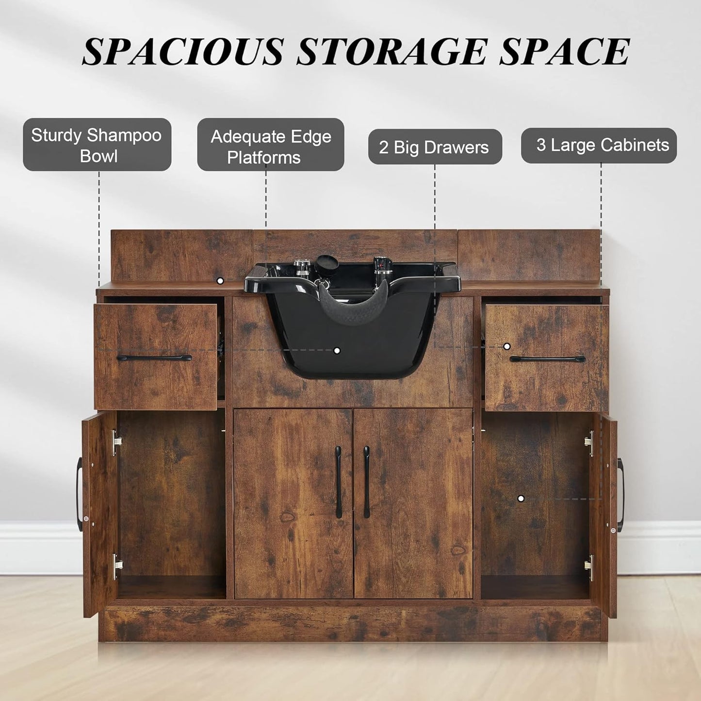 Multi-Functional Shampoo Backwash Sink Station, Beauty Salon Cabinet with Faucet Sprayer, Barber Shop Storage Equipment 45.3" X 14.1'' X 36.4" 7139 (Rust Brown)