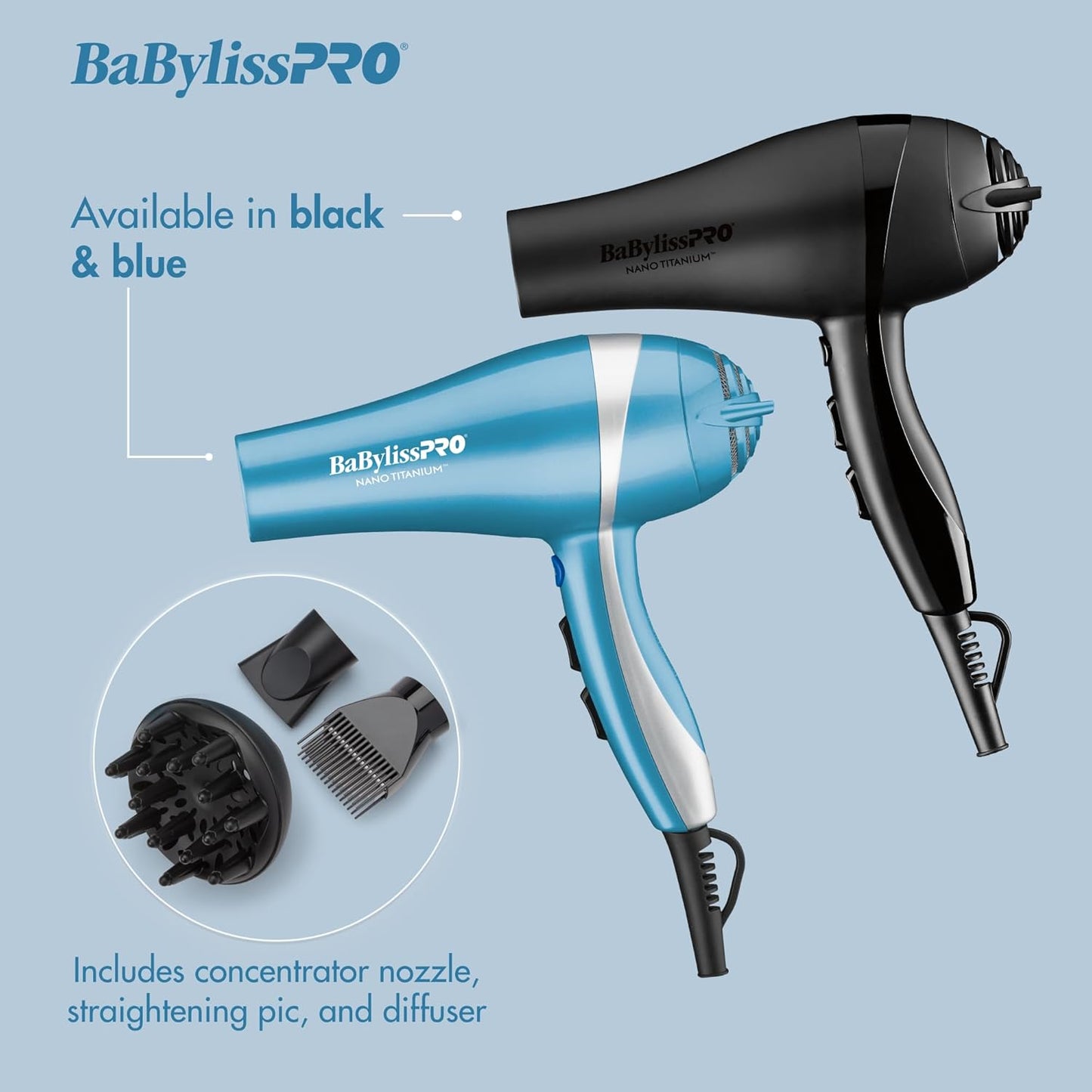 Nano Titanium 2000-Watt Blow Dryer with Concentrator Nozzle, Professional Grade Ionic Corded Styling Tool for Hair
