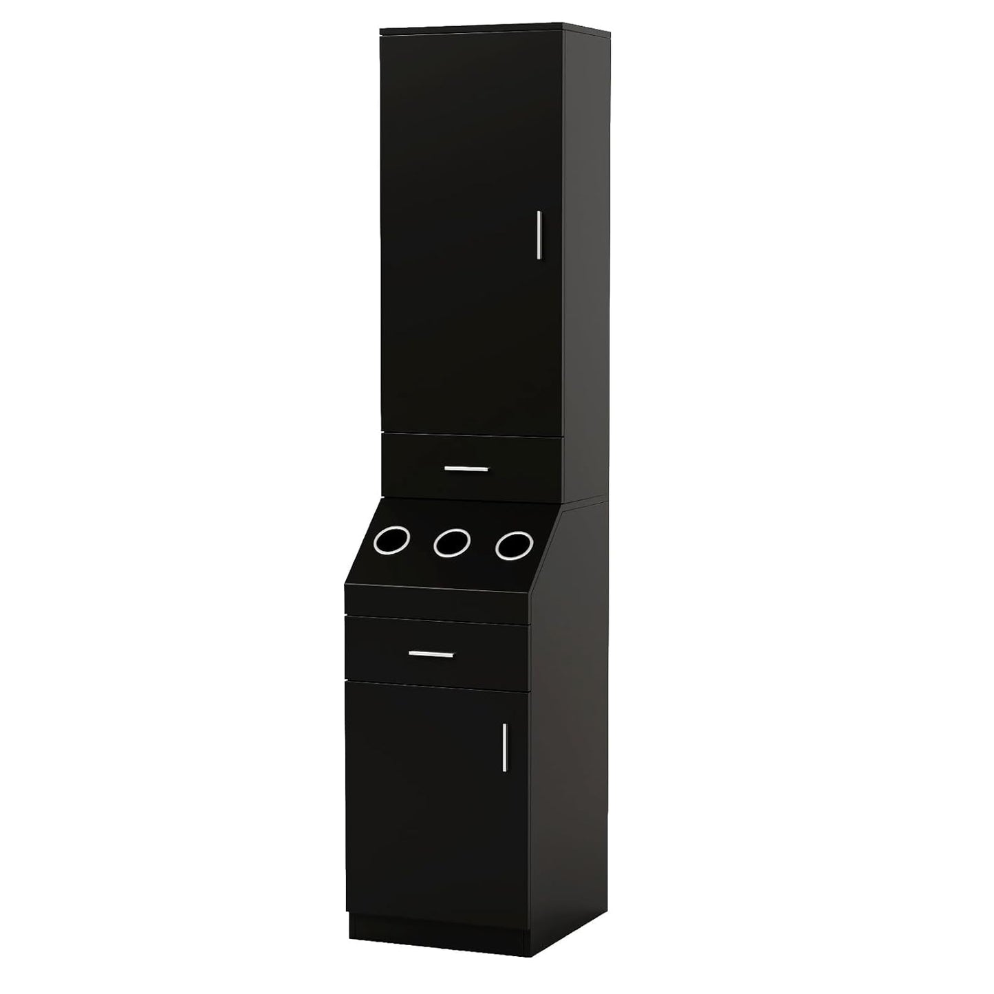 Salon Station, Barber Stations with 2-Tier Storage Shelf with Door, Hair Styling Storage Cabinet with 2 Drawer, a Large Storage Cabinet & 3 Hot Tool Holders, Black