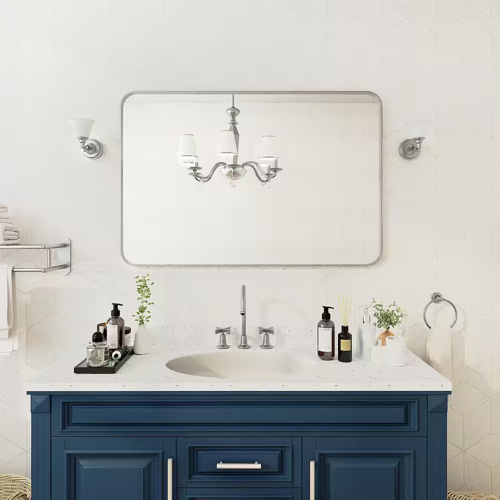 48 In. W X 32 In. H Rectangular Aluminum Framed Wall Bathroom Vanity Mirror in Silver