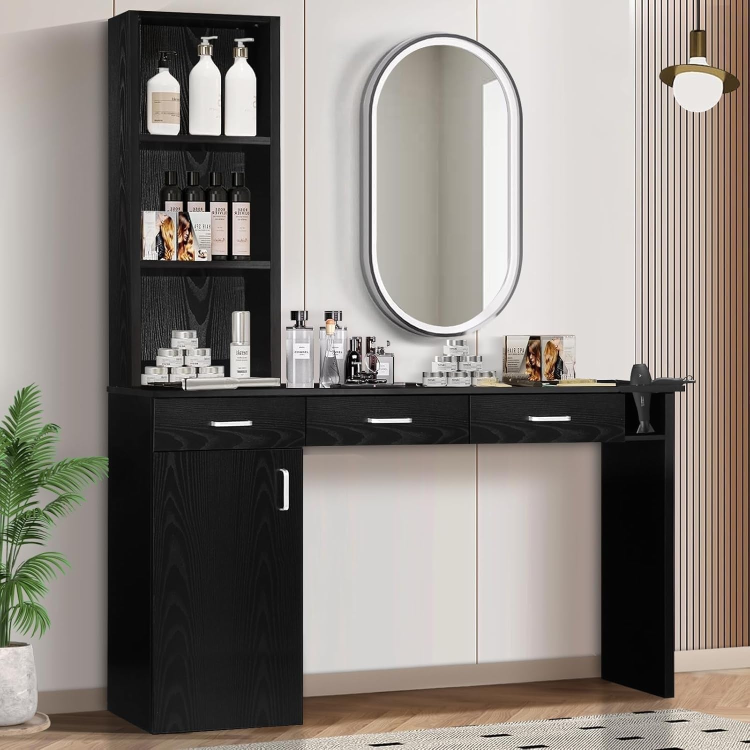 Salon Station for Hair Stylist, Salon Wall Station with Barber Cabinet, Hair Stations Equipment Hair Dryer Holder, Drawers, Wall Mount Barber Beauty Station, Mirror Not Included, Black