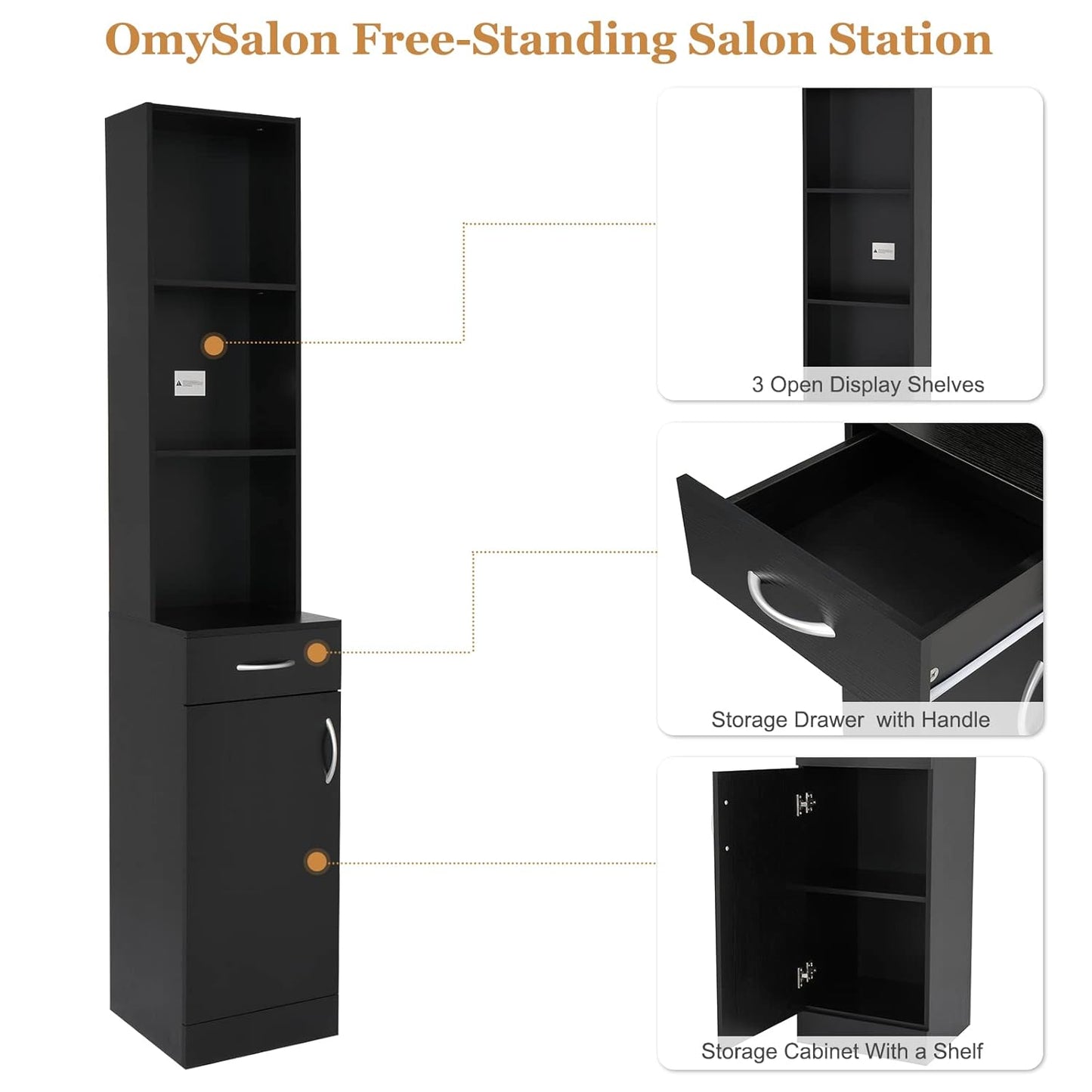 Salon Station, Barber Hair Stylist Storage Cabinet with Drawer, 5 Compartments & Shelf, Durable MDF, Organizer Equipment for Beauty Salon, Barbershop, Black